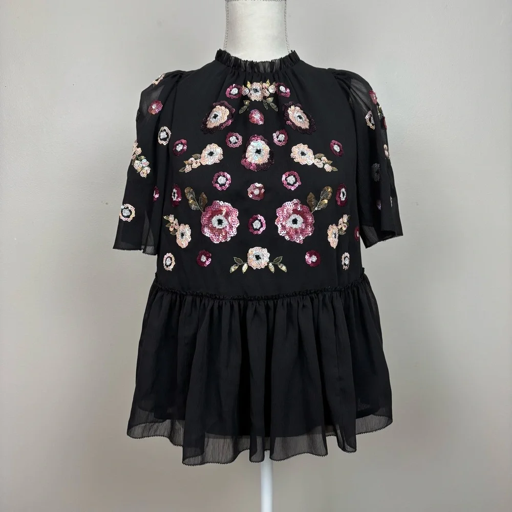 Kate Spade X Madison Avenue Top Womens XXS Black Sequin‎ Floral Blouse